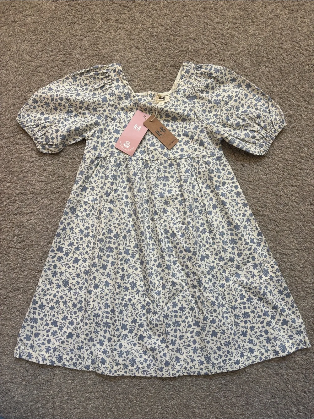 Rabbit + Bear Cream Dress with Blue Floral Print and Puff Sleeves girls 6T